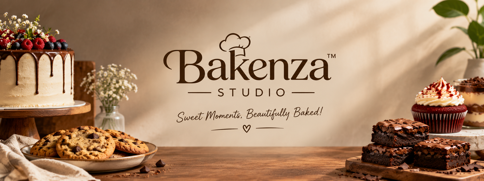 Bakenza Studio brand banner with bakery treats